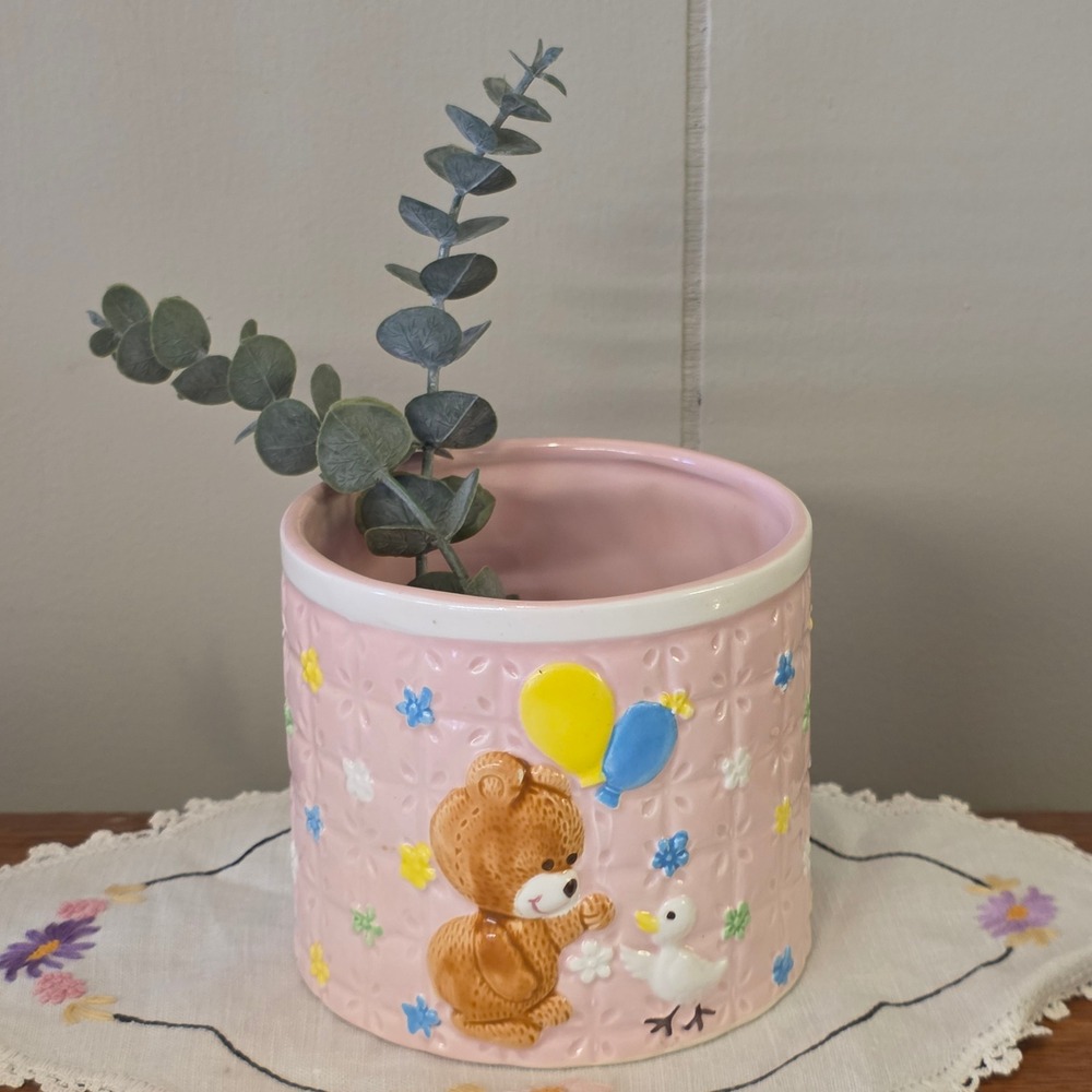 Vintage 1986 Lefton Pink Teddy Bear Duck Planter‎ Ceramic Vintage Nursery Gift
